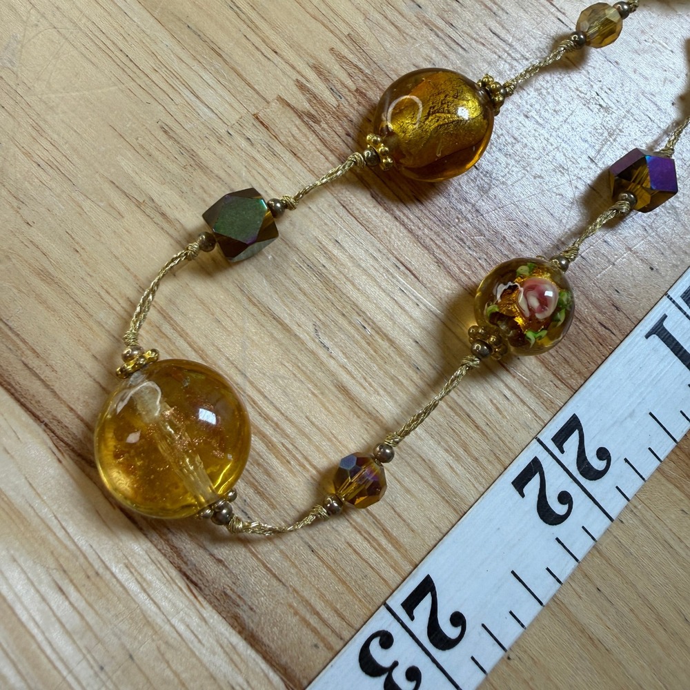 Vintage Bohemian Venetian Lampwork Art Glass Floral Foil Bead Necklace Amber - Picture 6 of 9